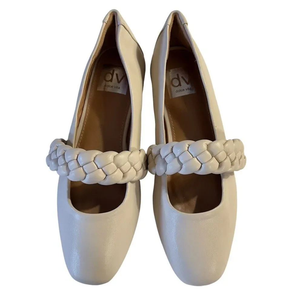 Dolce Vita Braid Chain Strap Ballet Flat Size 6M Ivory Faux Leather Vegan NWOB‎